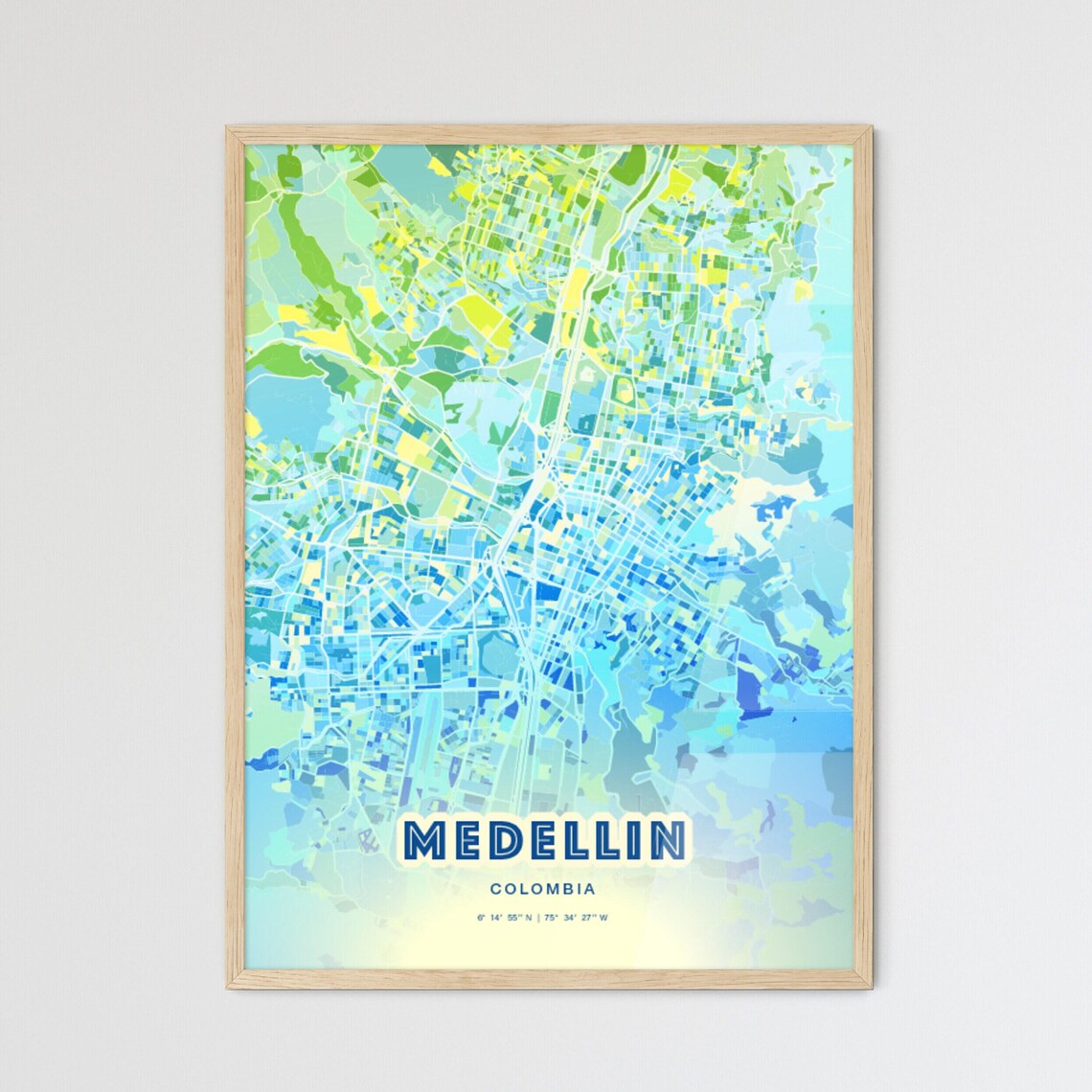 Medellin Colombia Abstract City Map Art Blue Green Pastel Travel Poster