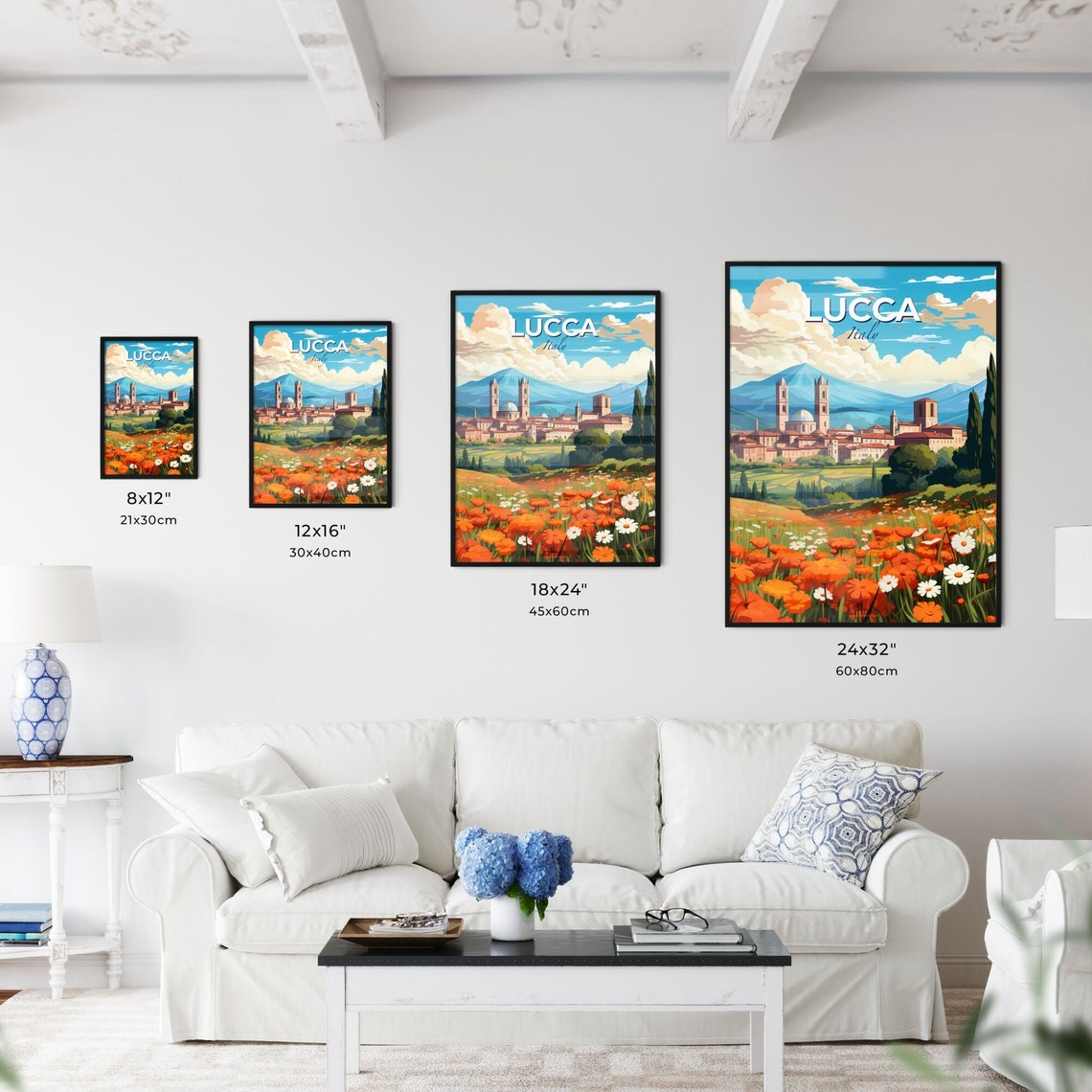 Lucca Italy Tuscan Towers Poppy Field Mountain View Art Poster - Image 3