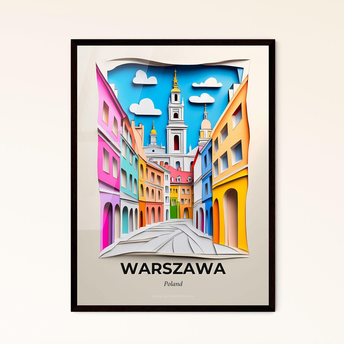 Warsaw Poland Colorful Paper Cut Old Town Street Travel Poster