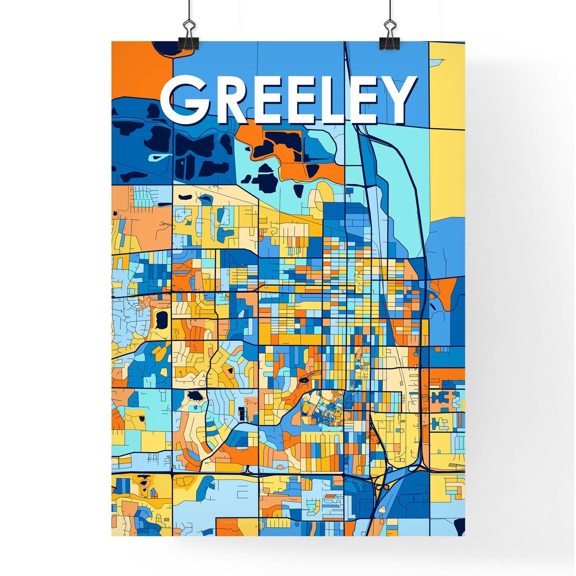 Greeley Colorado Stylish Vibrant Blue and Orange Mosaic City Map Poster - Image 4