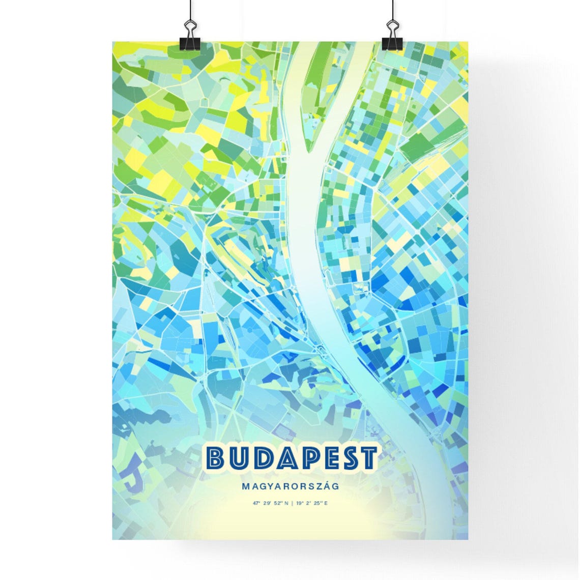 Budapest Hungary Modern Blue Green Custom City Map Poster Gift - Image 2