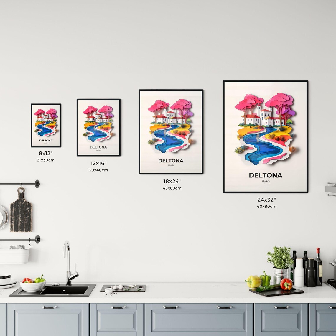 Deltona Florida Colorful Paper Cut River Town Travel Art Poster - Image 3