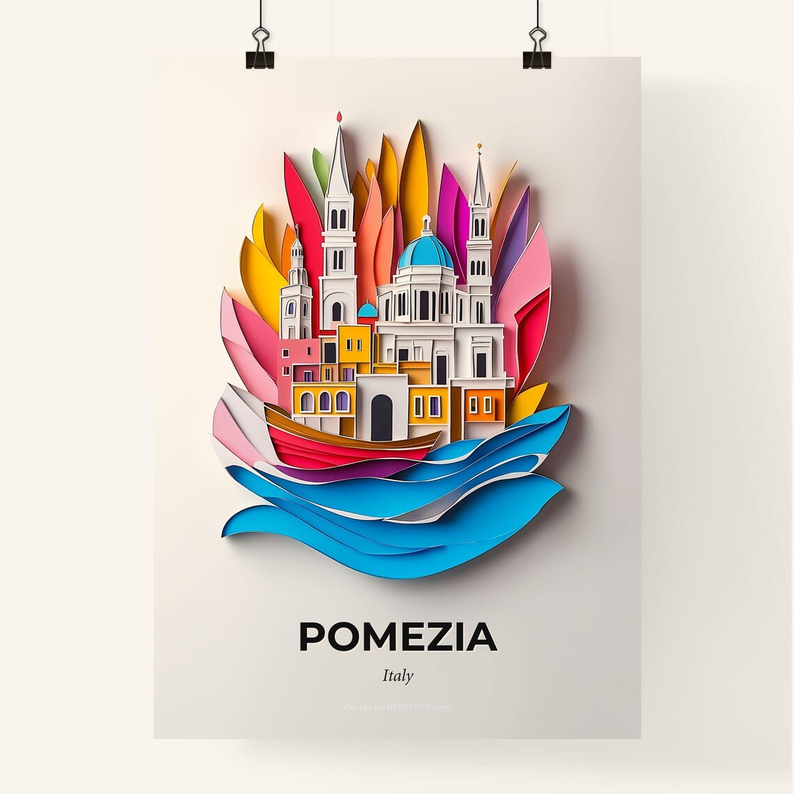 Pomezia Italy Colorful Paper Cut Blue Dome Church Travel Poster - Image 4