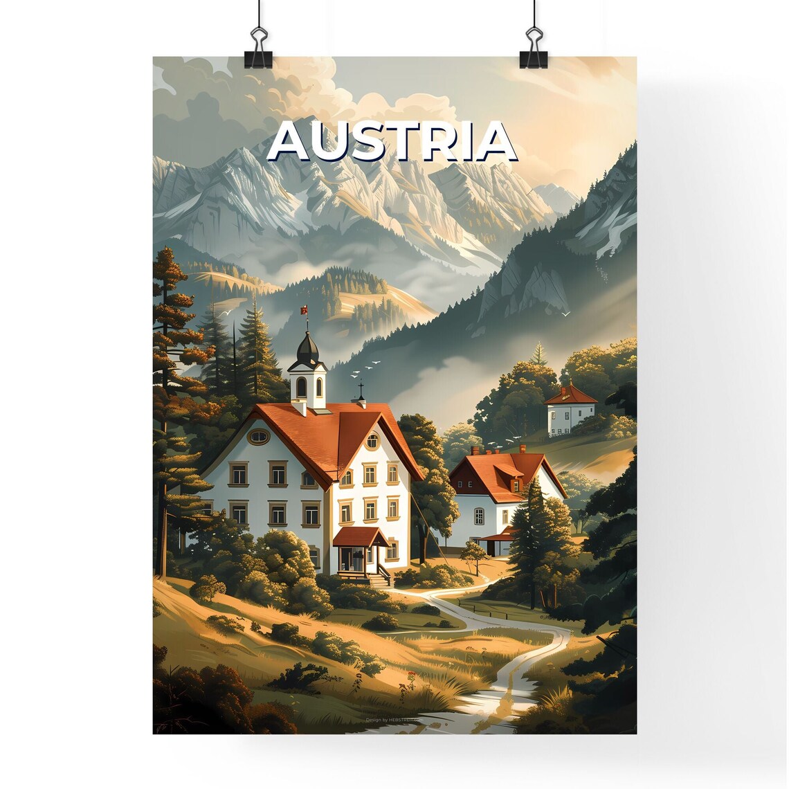 Austria Alpine Village Church Misty Mountain Valley Travel Poster - Image 4