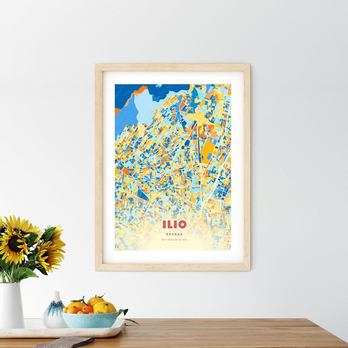 Ilio Greece Blue Orange Colorful City Map Art Poster With Coordinates - Image 2