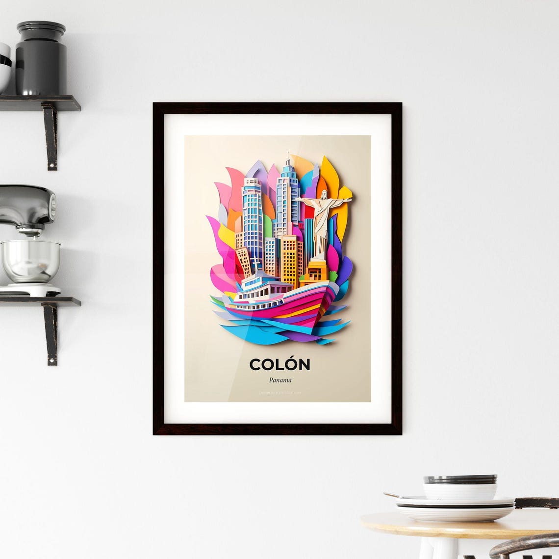 Colon Panama Colorful Paper Cut Ship and City Skyline Poster - Image 2