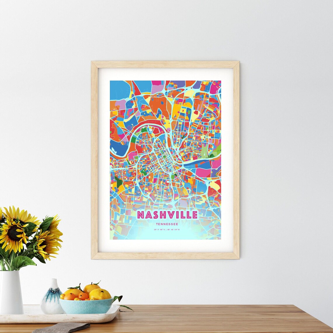 Nashville Tennessee Colorful City Map Art Poster in Pink and Turquoise - Image 2