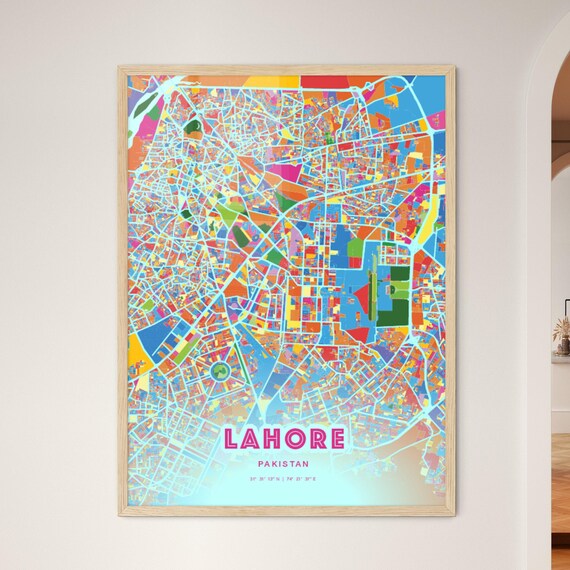 Lahore Pakistan Colorful City Map Art Poster in Pink and Turquoise