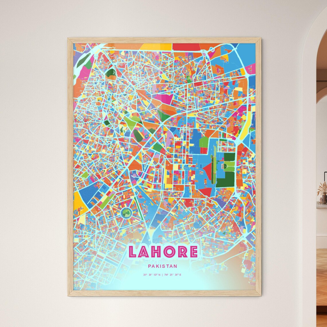 Lahore Pakistan Colorful City Map Art Poster in Pink and Turquoise