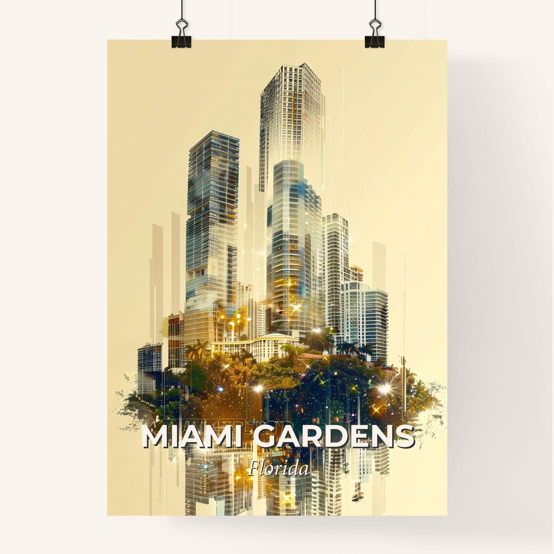 Miami Gardens Florida Golden Skyscraper Palms Sunset Art Poster - Image 4
