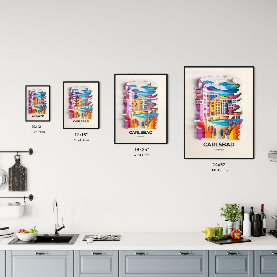 Carlsbad California Colorful Paper Cut Sunny Beach Skyline Poster - Image 3