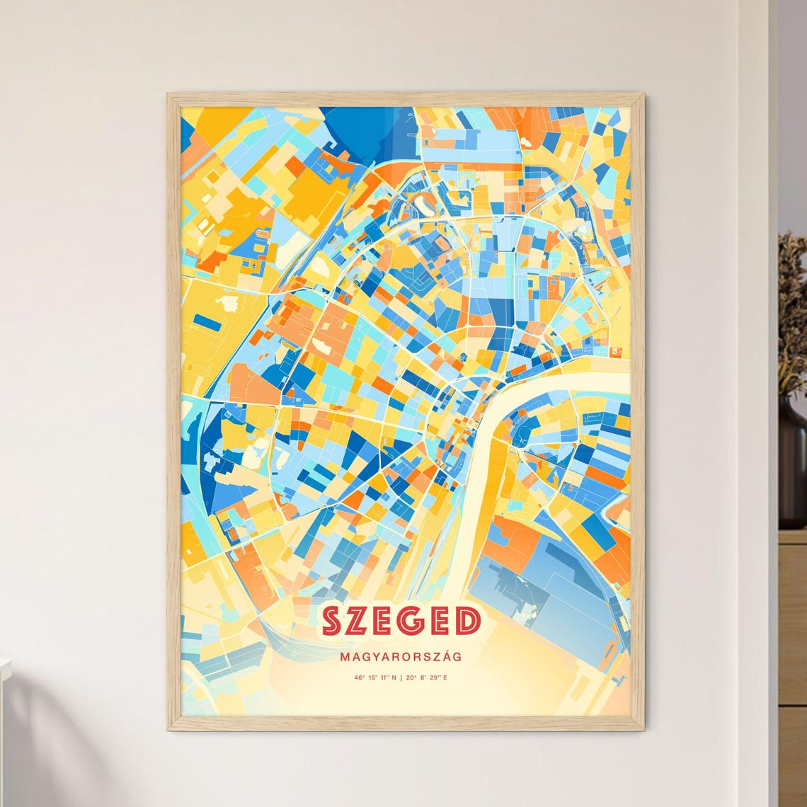 Szeged Hungary Colorful City Map Poster Blue Orange Vibrant Wall Decor