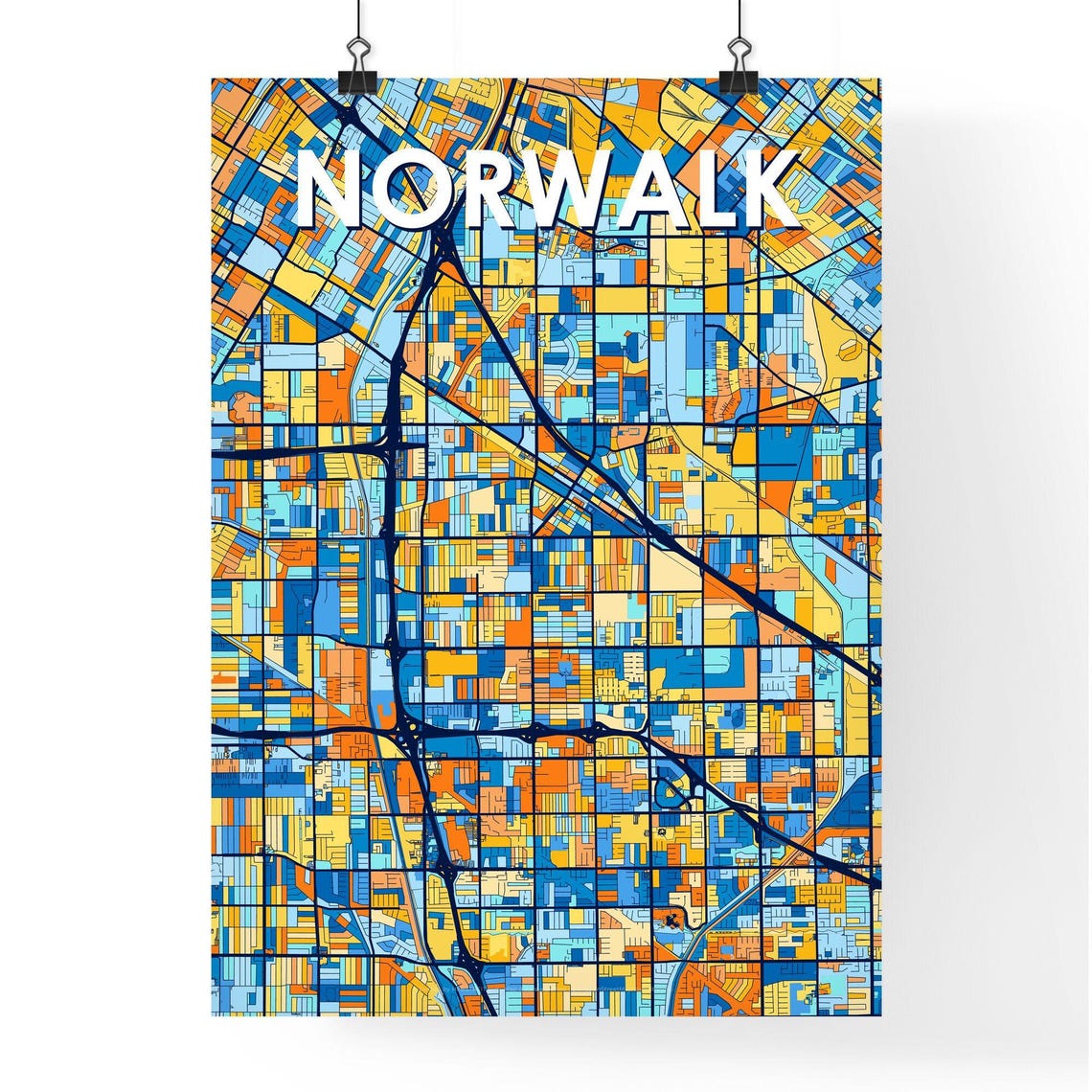 Norwalk California Vibrant Blue Orange Mosaic City Street Map Poster - Image 4