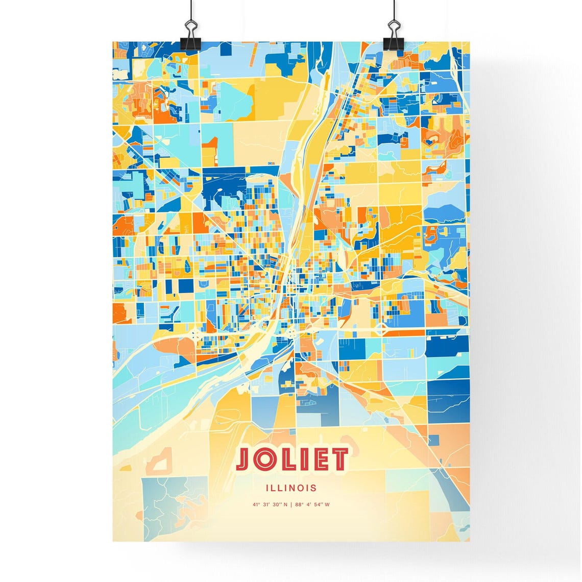 Joliet Illinois Blue Orange City Map With Coordinates Poster - Image 3