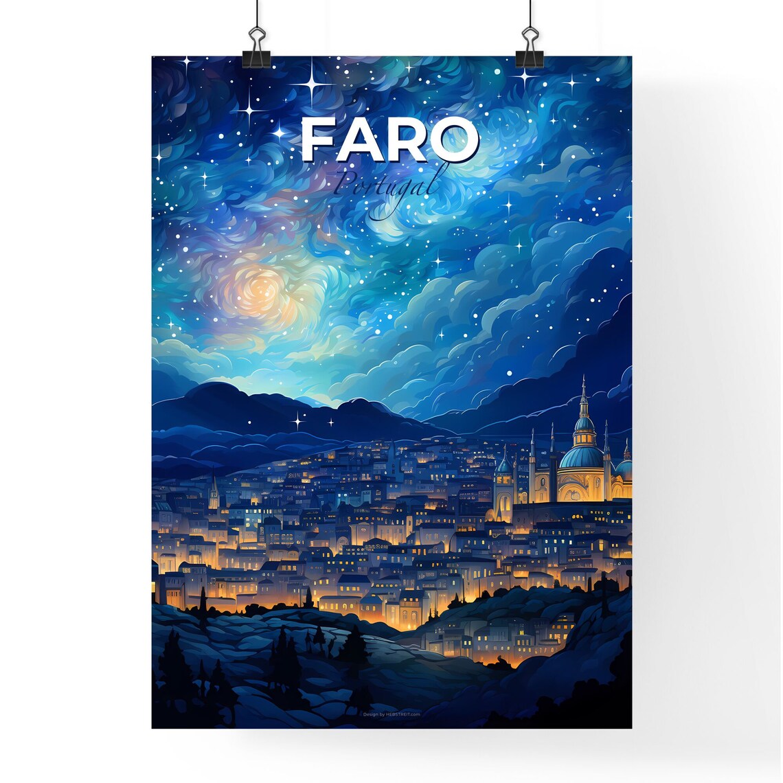 Faro Portugal Starry Night Skyline City Lights Travel Poster - Image 4