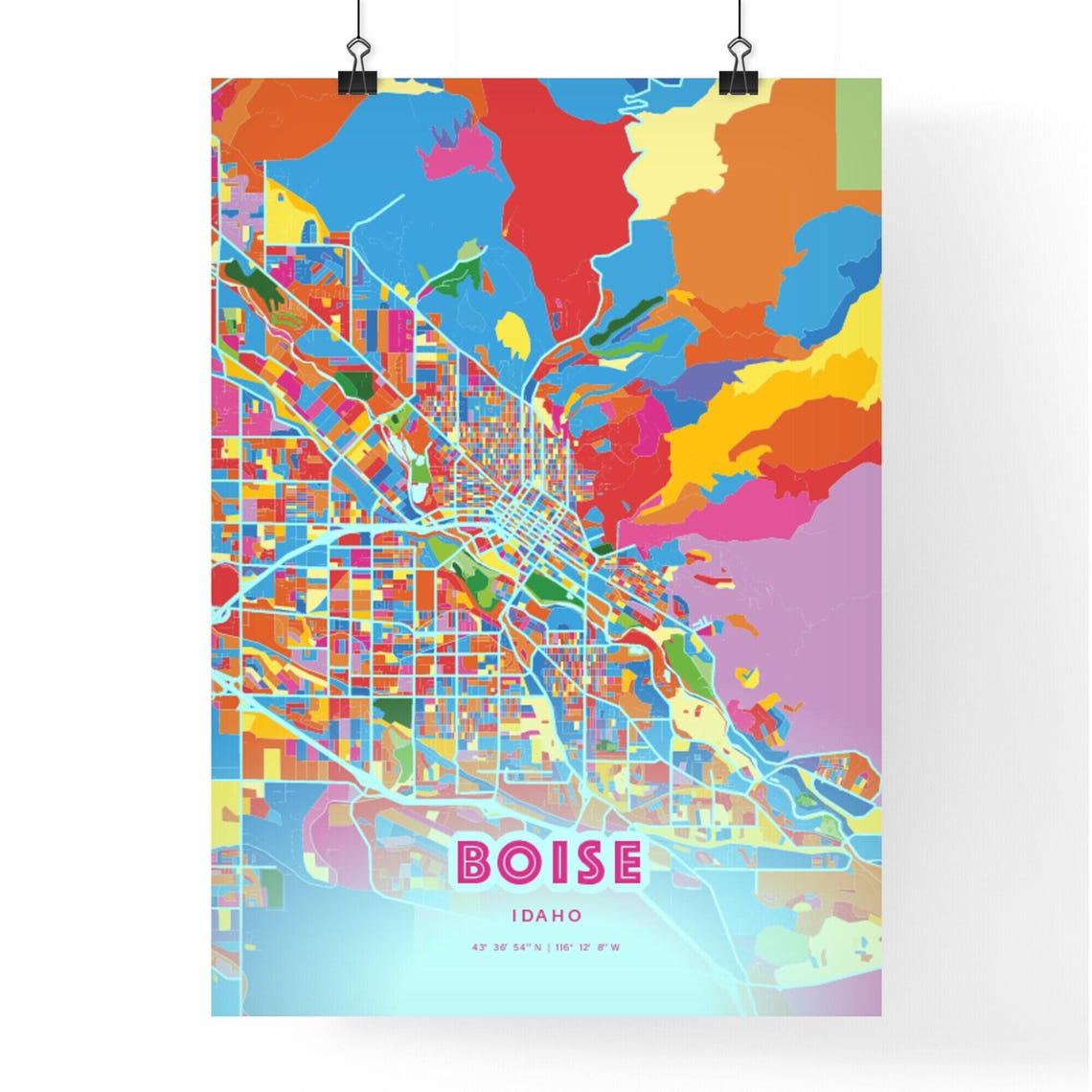 Boise Idaho Colorful City Map Art Poster in Pink and Turquoise - Image 3