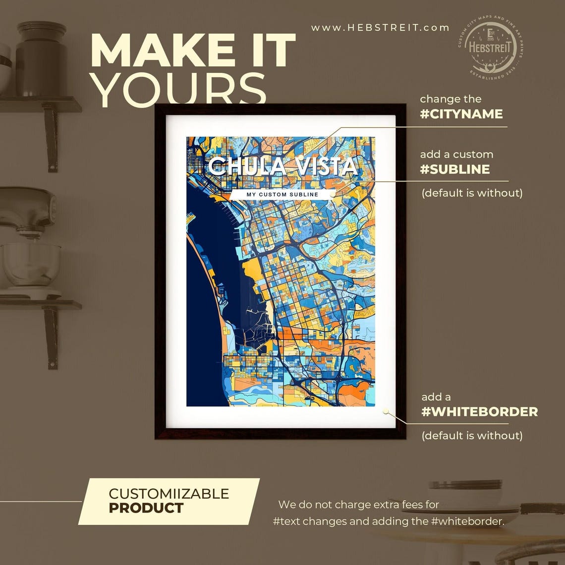 Chula Vista California Colorful Blue Orange City Map Art Poster - Image 2