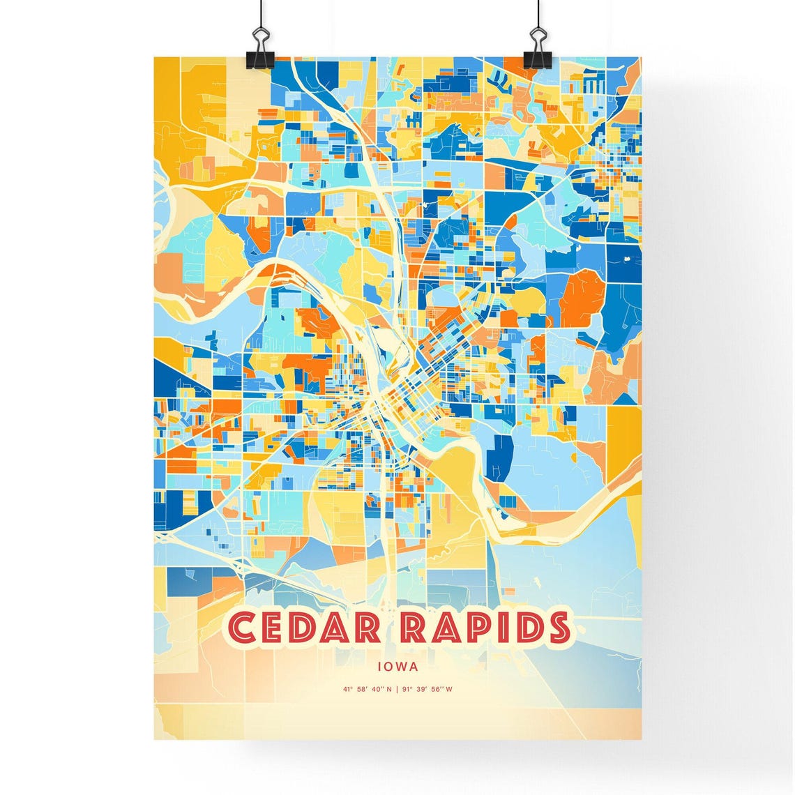 Cedar Rapids Iowa Modern Geometric Blue Orange City Map Art Poster - Image 3