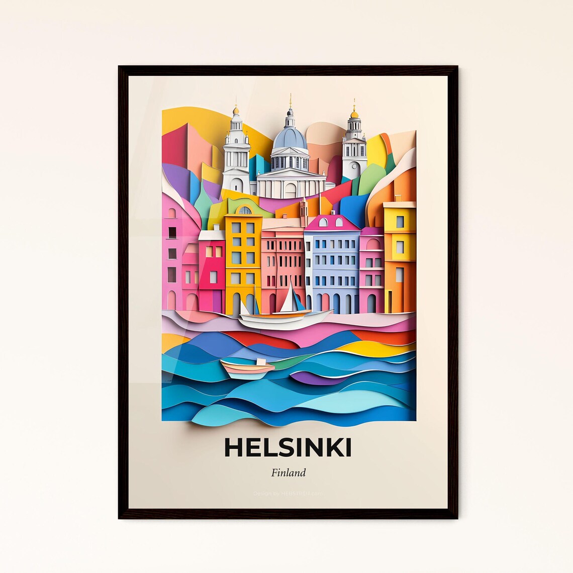 Helsinki Finland Cathedral Sailboats Paper Cut Travel Poster
