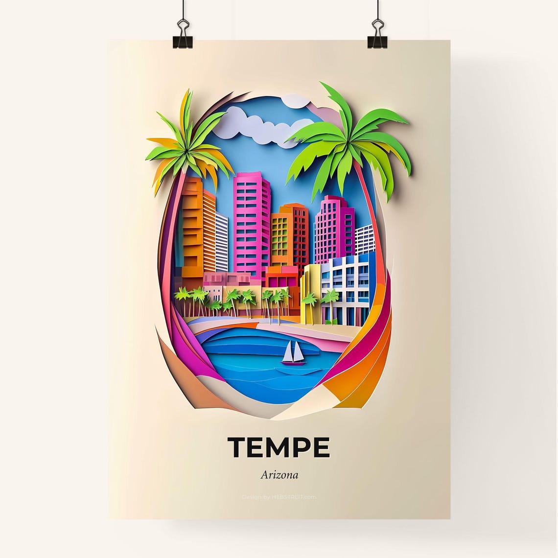 Tempe Arizona Sunny Palm Trees Lake Colorful Paper Cut Poster - Image 4