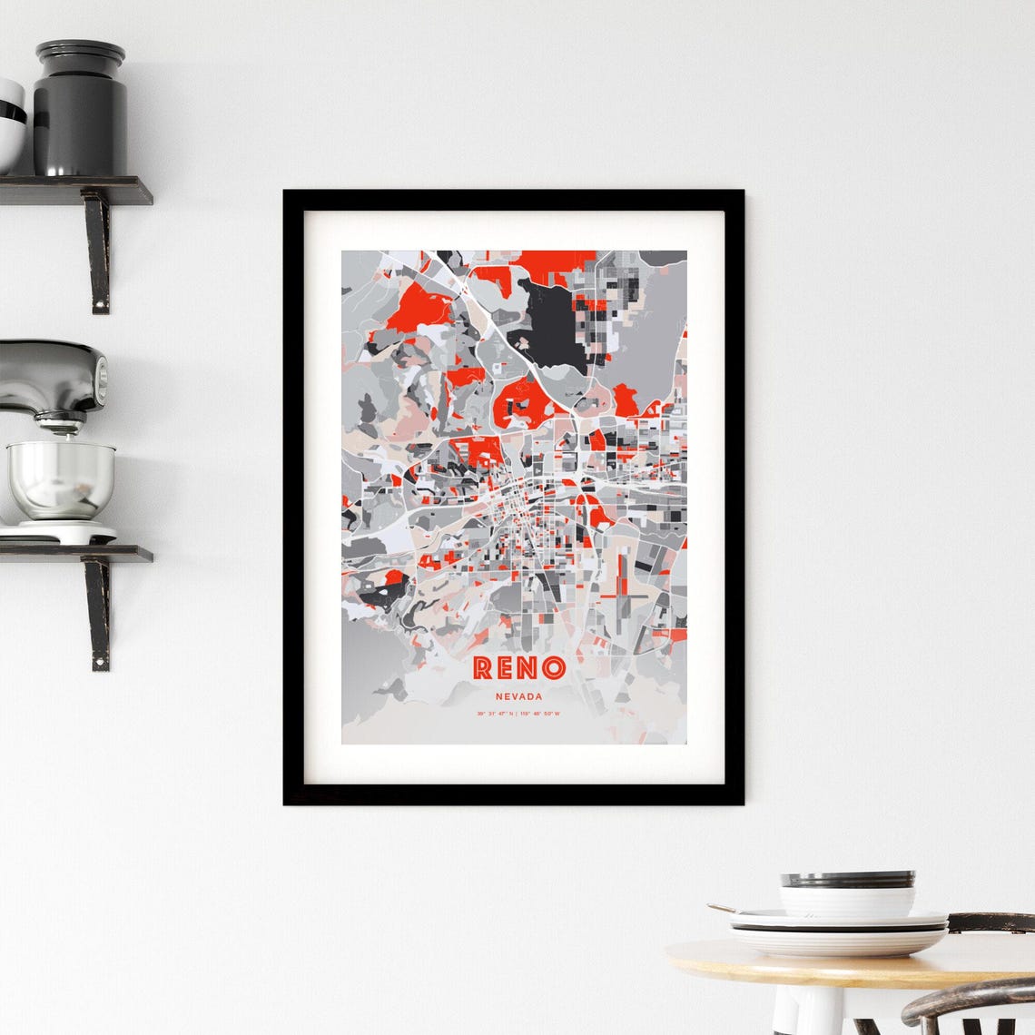 Reno Nevada Bold Red and Gray Modern Abstract City Map Poster - Image 2