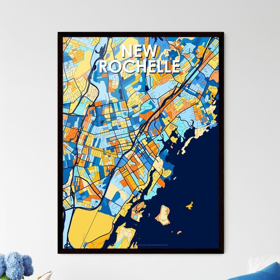 New Rochelle New York Vibrant Blue and Orange City Map Poster