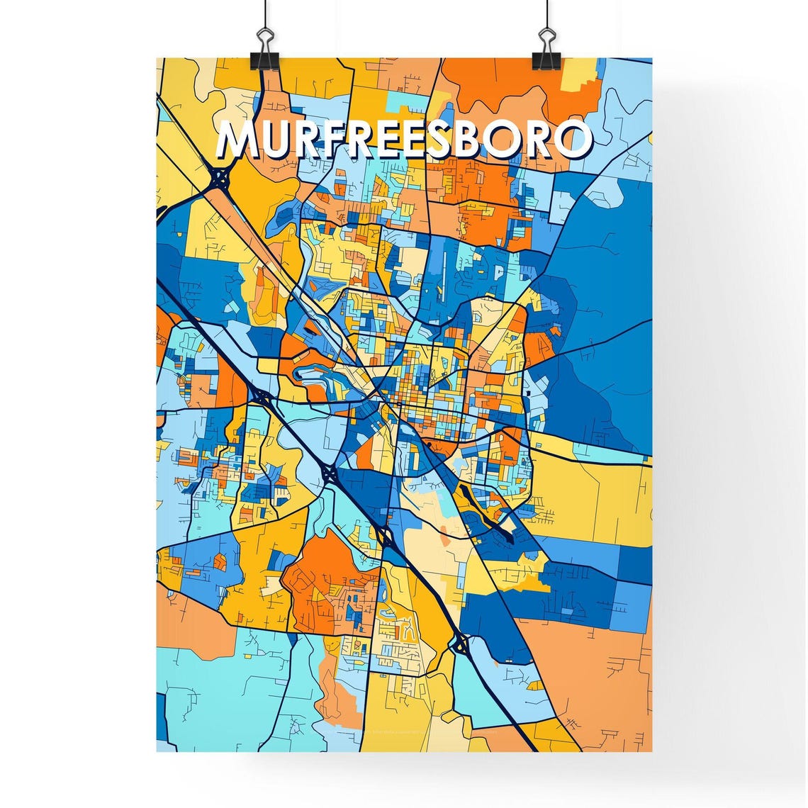 Murfreesboro Tennessee Bold Blue and Orange City Map Decor Poster - Image 4