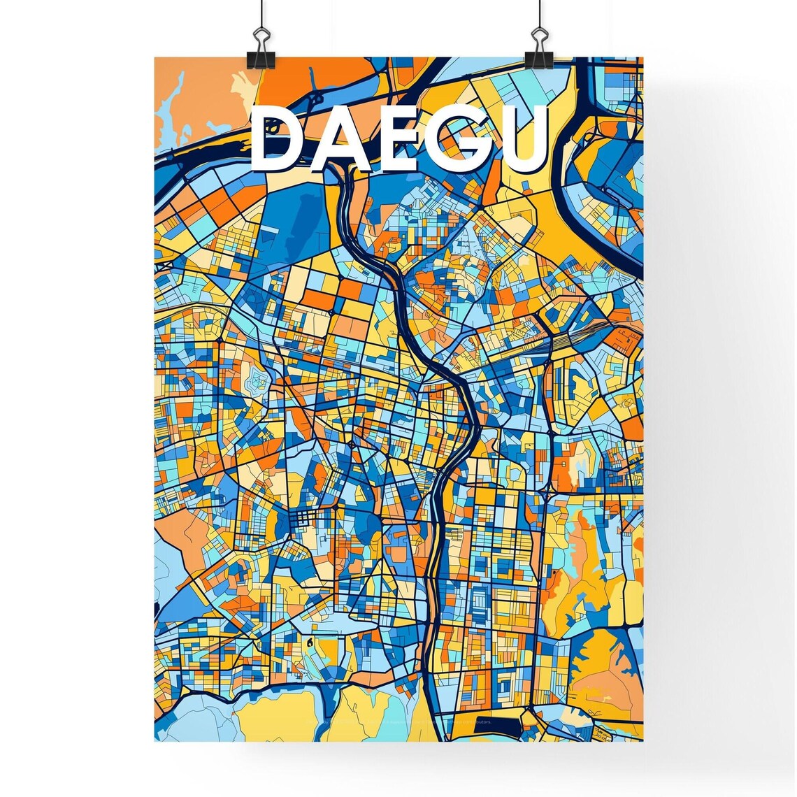 Daegu South Korea Stylish Vibrant Blue and Orange Mosaic City Map Poster - Image 4