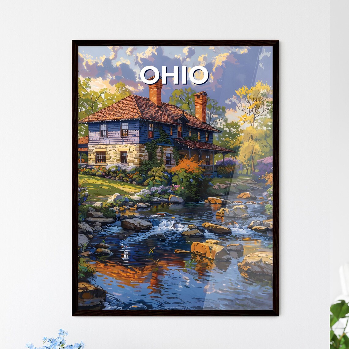 Ohio Stone House Babbling Stream Rock Garden Vintage Travel Poster Art