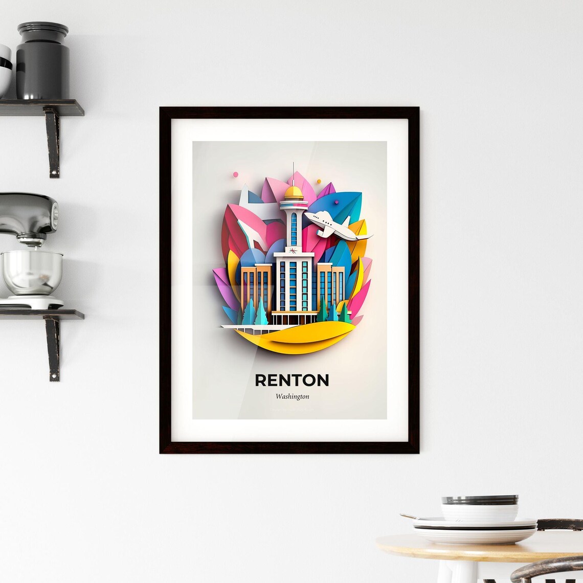 Renton Washington Colorful Paper Cut City Landmark Travel Poster - Image 2