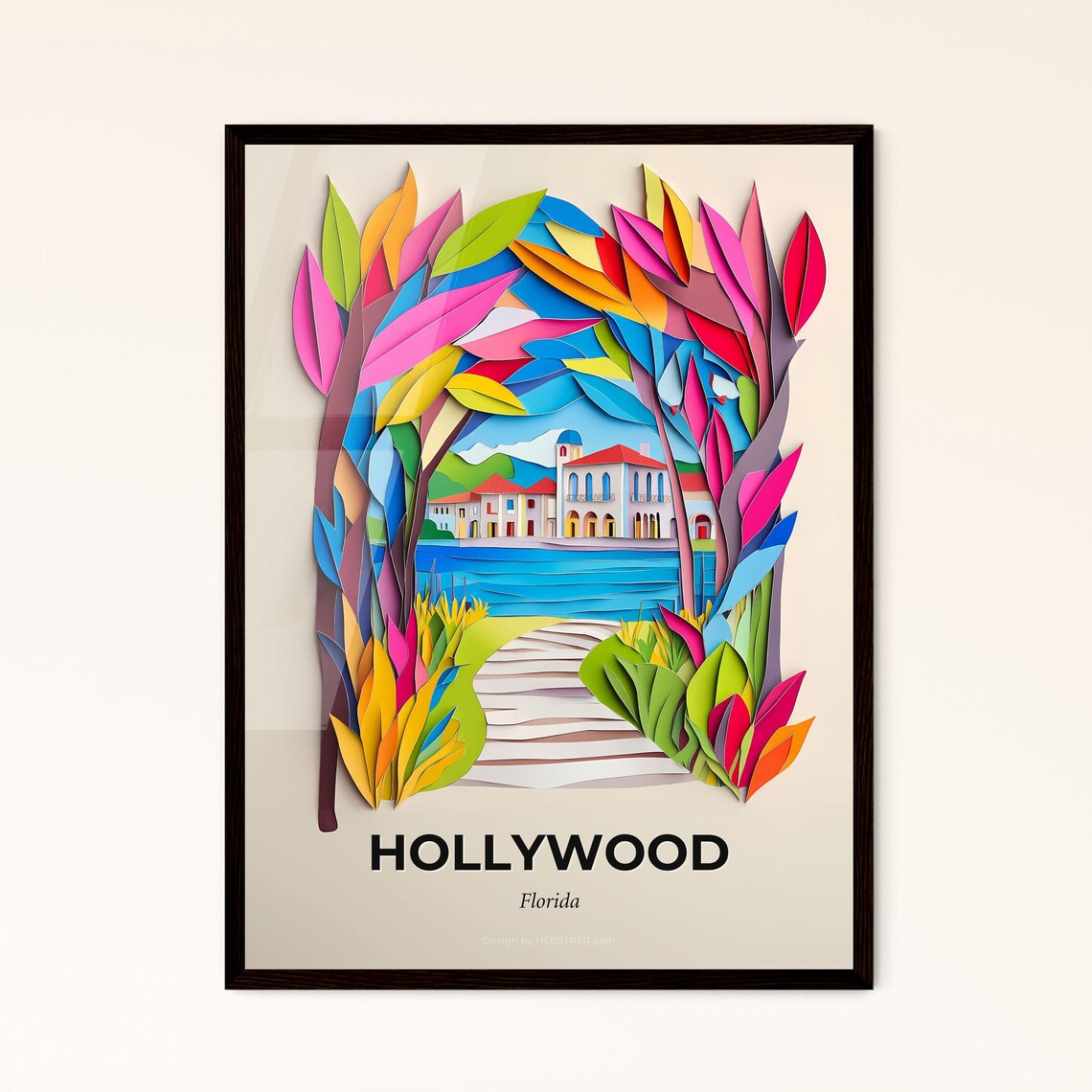 Hollywood Florida 3D Paper Cut Tropical Villa Lake Art Poster