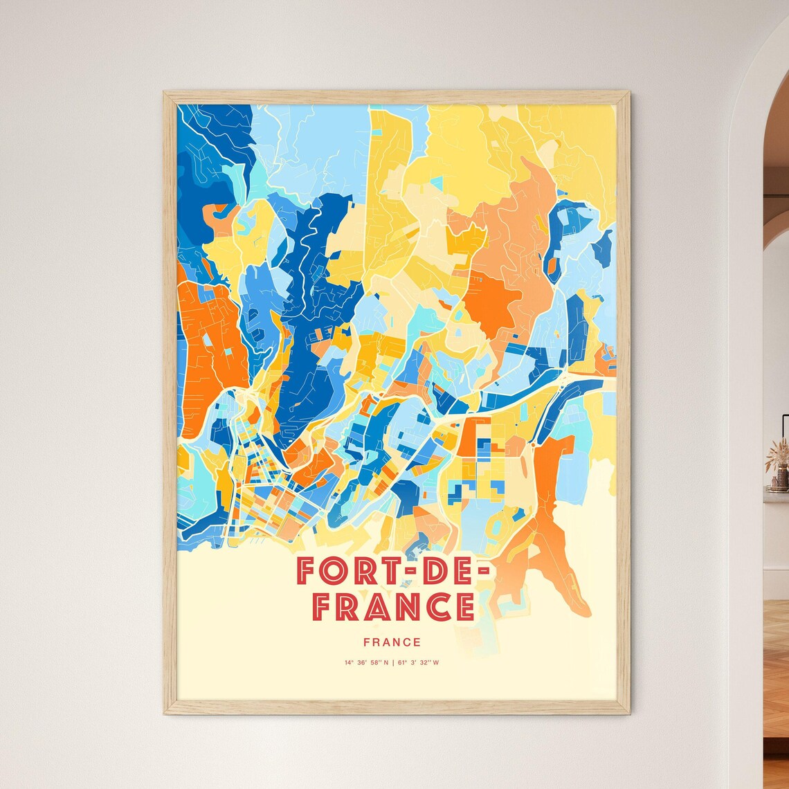 Modern Blue and Orange City Street Map Art Poster of Fort De France France