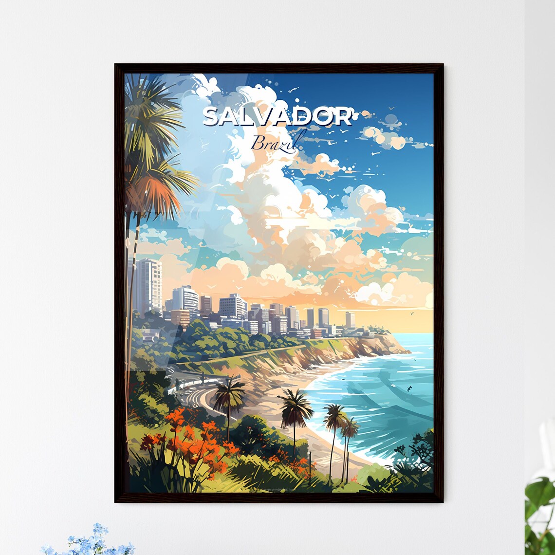 Salvador Brazil Beachfront Skyline Palms Colorful Travel Poster