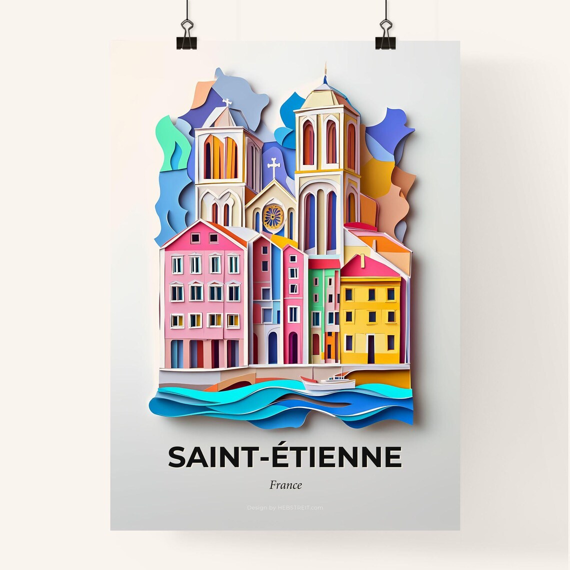 Saint-Etienne France Church Boat Papercut Harbor Travel Poster - Image 4