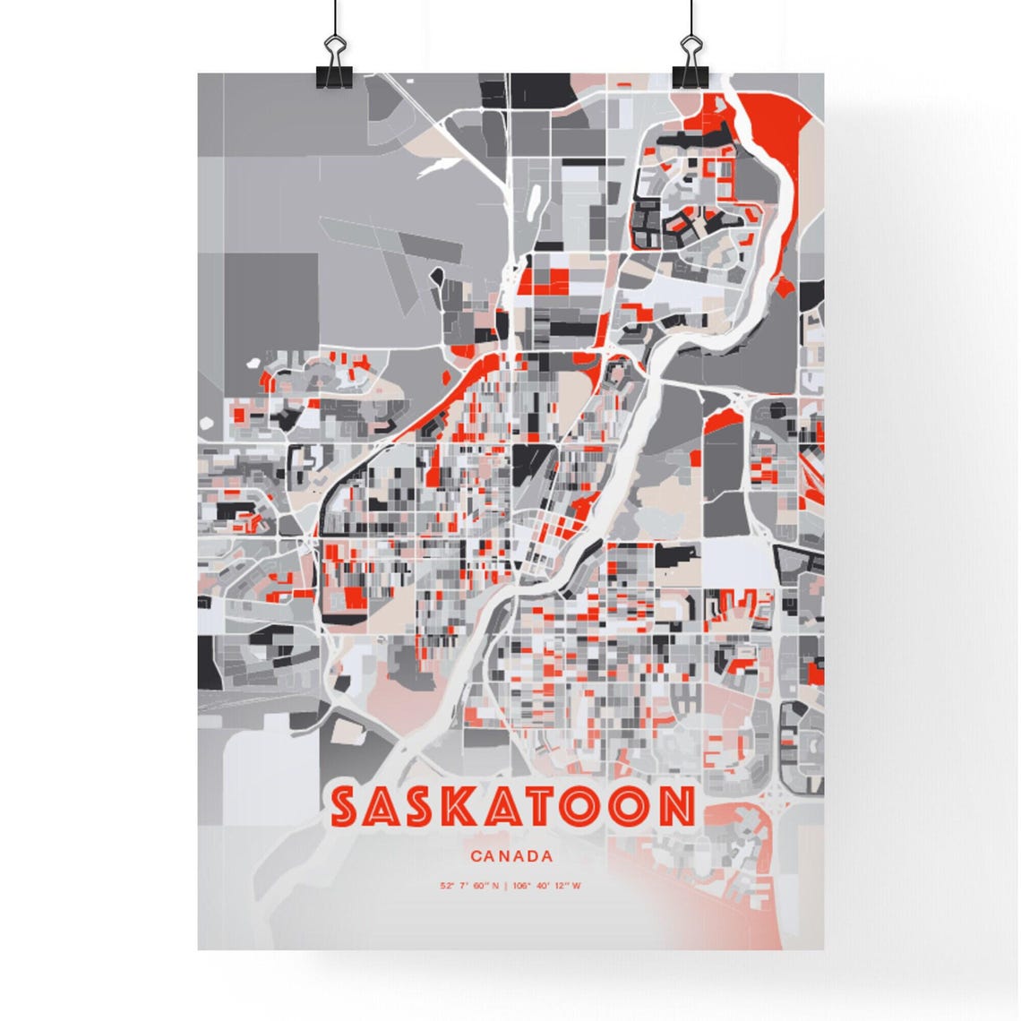 Saskatoon Canada City Map Art Modern Red Gray Coordinate Poster - Image 3