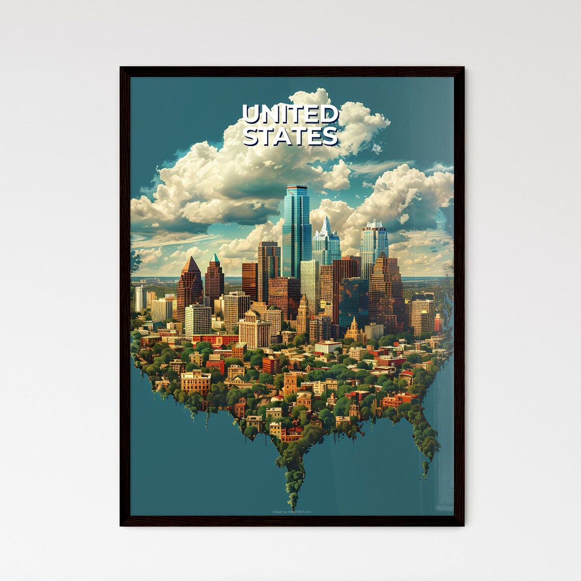 United States City Skyline Map Silhouette Urban Travel Poster