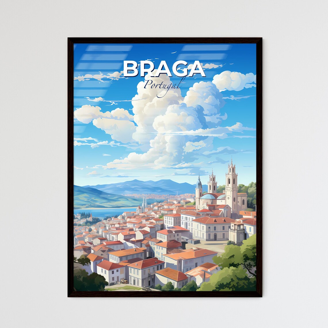 Braga Portugal Travel Poster Cathedral Towers Red Rooftops City Panorama