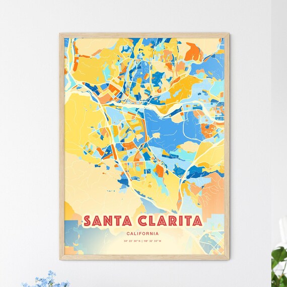 Santa Clarita California Modern Geometric Blue Orange City Map Art Poster