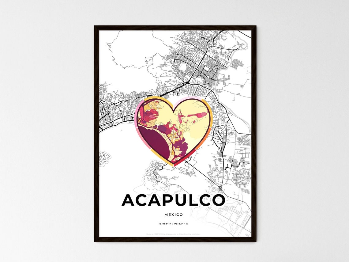 Acapulco Mexico City Map Heart Art Minimalist Travel Wall Poster