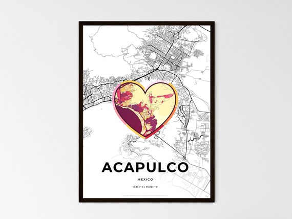 Acapulco Mexico City Map Heart Art Minimalist Travel Wall Poster