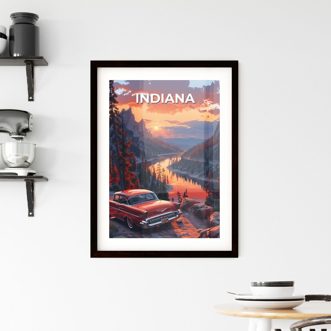 Indiana Vintage Red Car Mountain Lake Sunset Travel Art Poster - Image 2