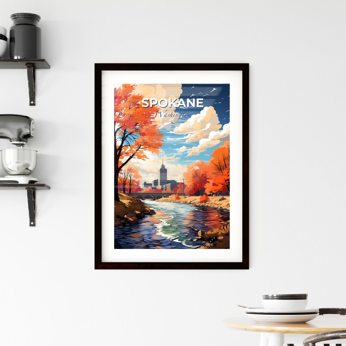 Spokane Washington Autumn River Orange Trees City Bridge Poster - Image 2