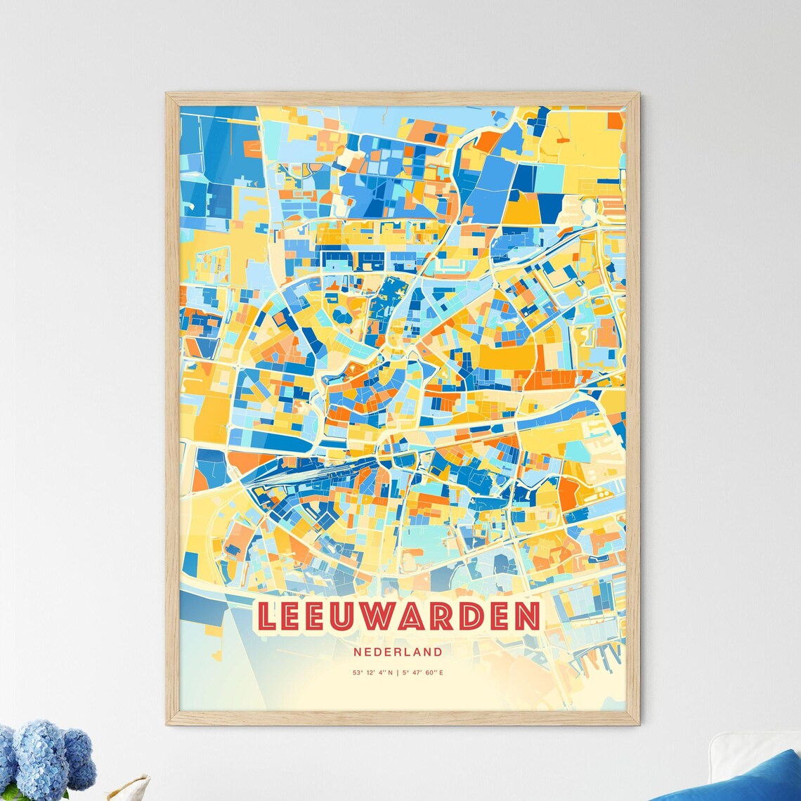 Leeuwarden Netherlands Blue Orange Colorful City Map Art Poster With Coordinates