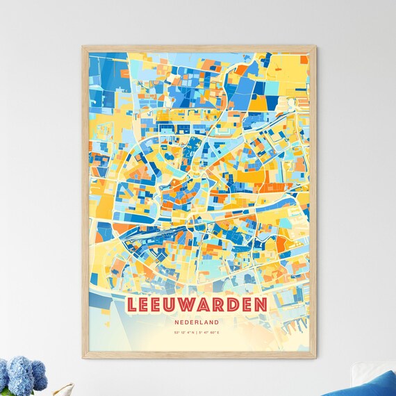 Leeuwarden Netherlands Blue Orange Colorful City Map Art Poster With Coordinates