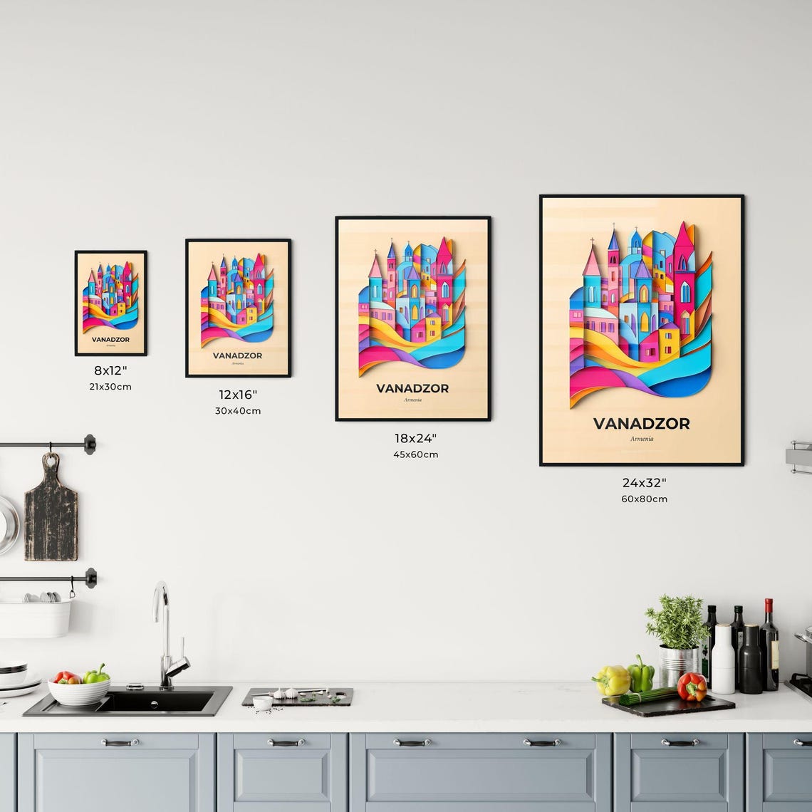 Vanadzor Armenia Colorful Churches Waves Paper Cut Art Poster - Image 3