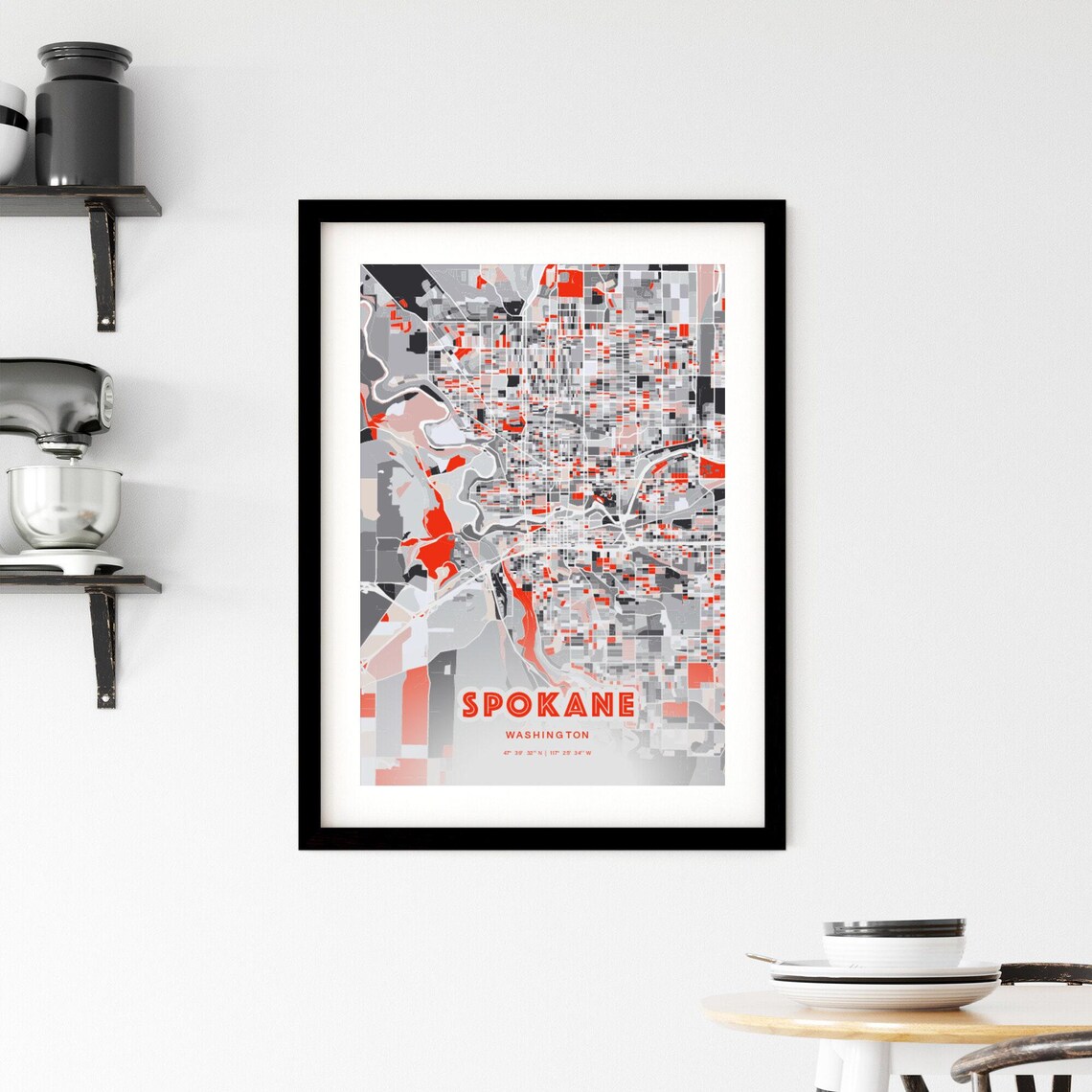Spokane Washington City Map Art Modern Red Gray Coordinate Poster - Image 2