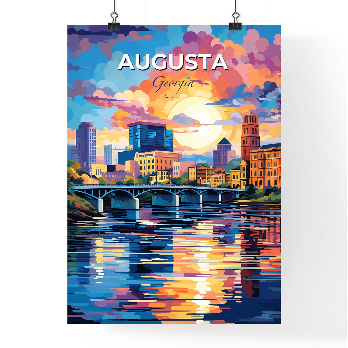 Augusta Georgia River City Sunset Bridge Reflection Art Poster - Image 4