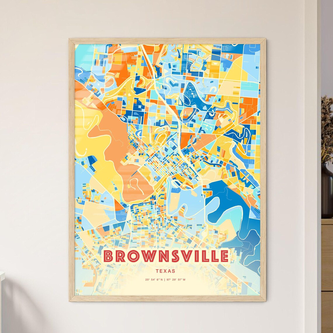 Brownsville Texas Colorful Vibrant Blue Orange City Map Art Poster