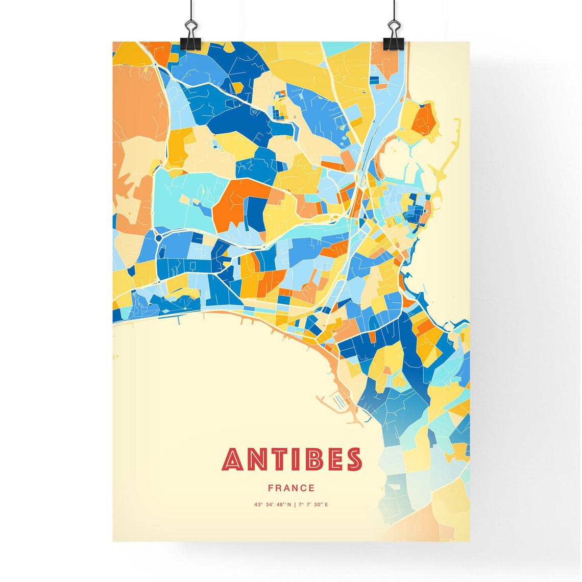 Antibes France Coastal Modern Colorful City Map Blue Orange Poster - Image 3