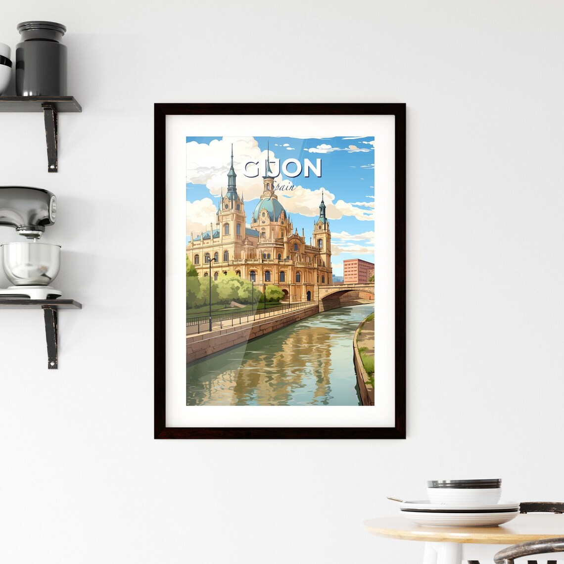 Gijon Spain Grand Domed Cathedral Riverside Stone Bridge Poster - Image 2